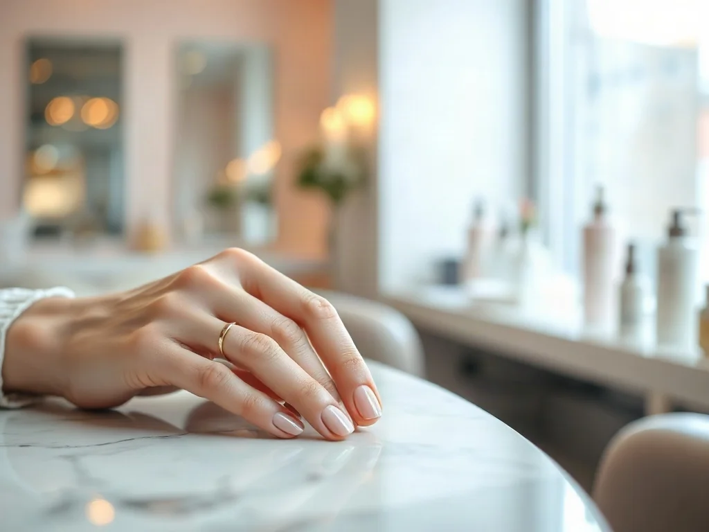 Zadbane dłonie z eleganckim, minimalistycznym manicure na marmurowym blacie w profesjonalnym salonie kosmetycznym.