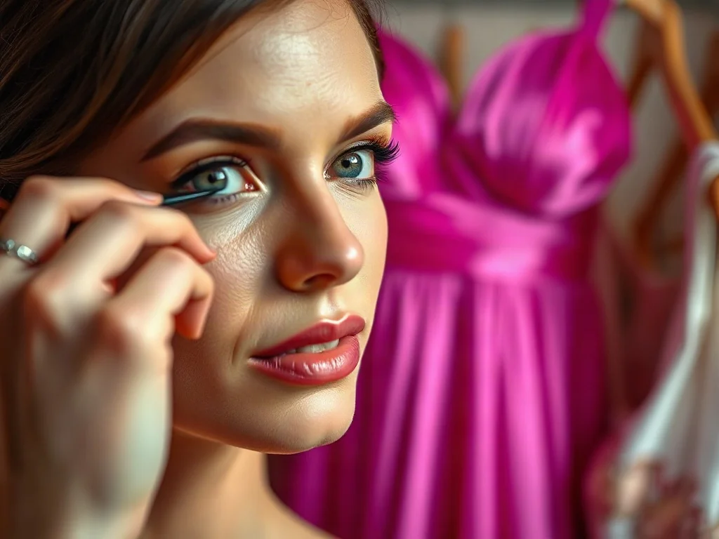 Elegancka kobieta w trakcie wykonywania makijażu, z rozmytą fuksjową sukienką w tle, podkreślającą stylizację.