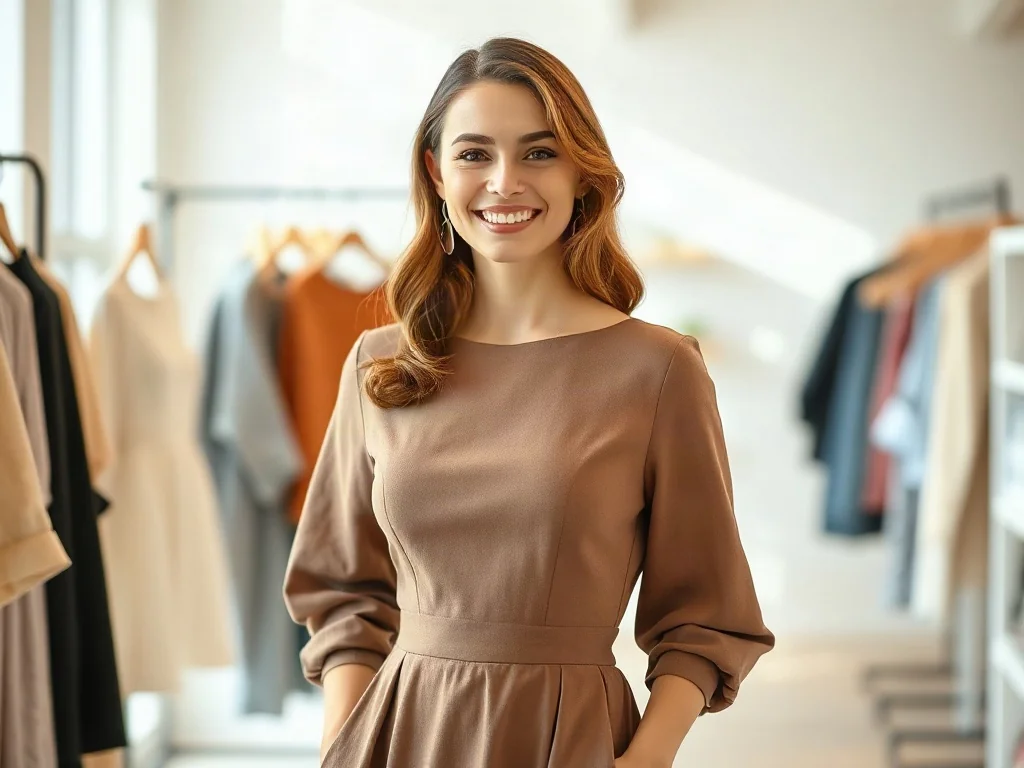 Kobieta w eleganckiej sukience o kroju litery A, która optycznie wysmukla sylwetkę i podkreśla talię.